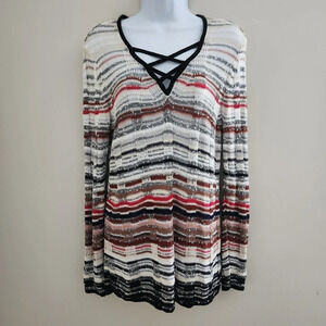 Nic+Zoe | Linen Blend V-neck Lightweight Textured Open Knit Sweater - Size M